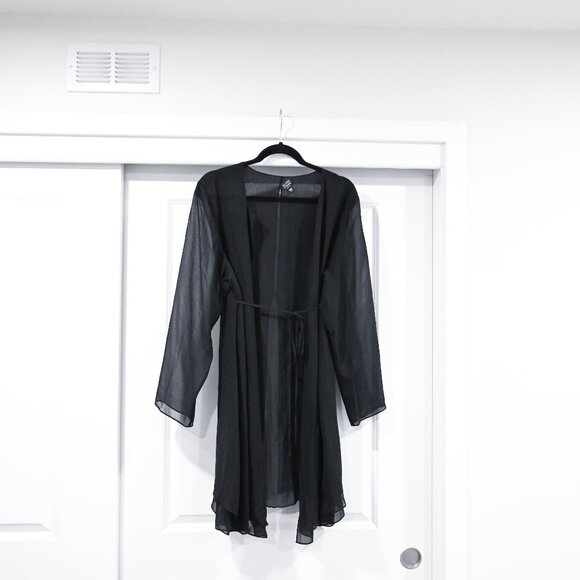 Eileen Fisher Woman 1X Black Tie Waist Long Sheer Blouse Robe - Picture 2 of 9